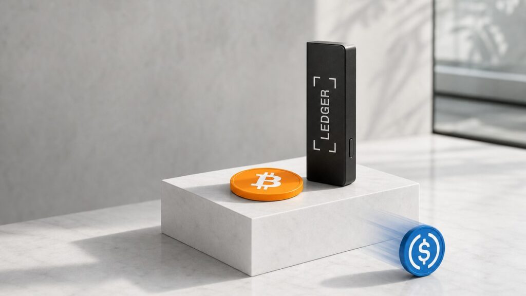 Eine schwarze Ledger-Hardware-Wallet steht aufrecht auf einem weißen Steinsockel, davor liegt eine orangefarbene Bitcoin-Münze, eine blaue USDC-Münze rollt vom Sockel weg nach rechts.