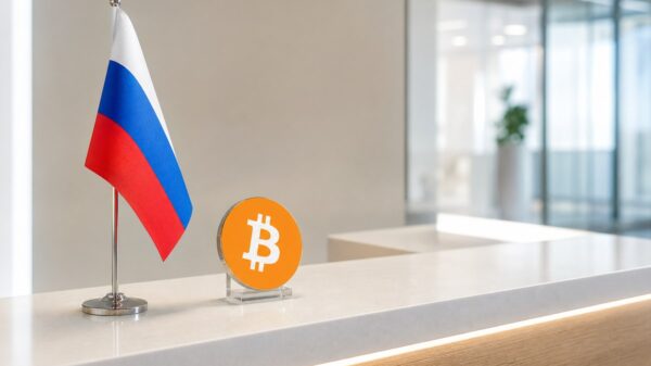 Auf einem hellen Bankschalter aus weißem Stein stehen eine kleine russische Tischflagge an einem Chromständer und daneben eine orangefarbene Bitcoin-Münze auf einem durchsichtigen Acrylhalter.