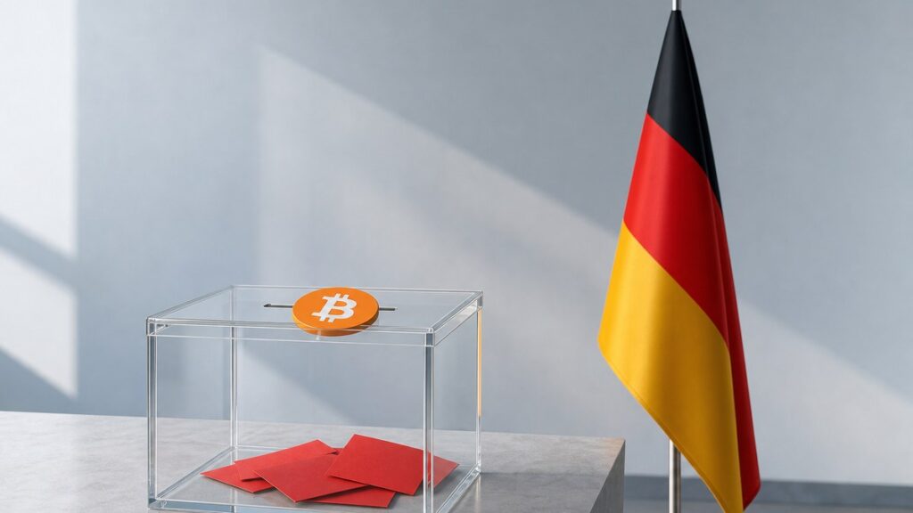 Auf dem Deckel einer durchsichtigen Abstimmungsurne mit roten Karten liegt eine Bitcoin-Münze am Einwurfschlitz, rechts daneben hängt die Deutschlandflagge an einer Stange.