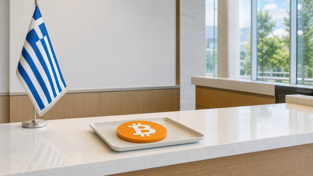 Auf einem hellen Behördentresen liegt eine Bitcoin-Münze auf einer weißen Ablageschale, links daneben steht eine griechische Tischflagge.