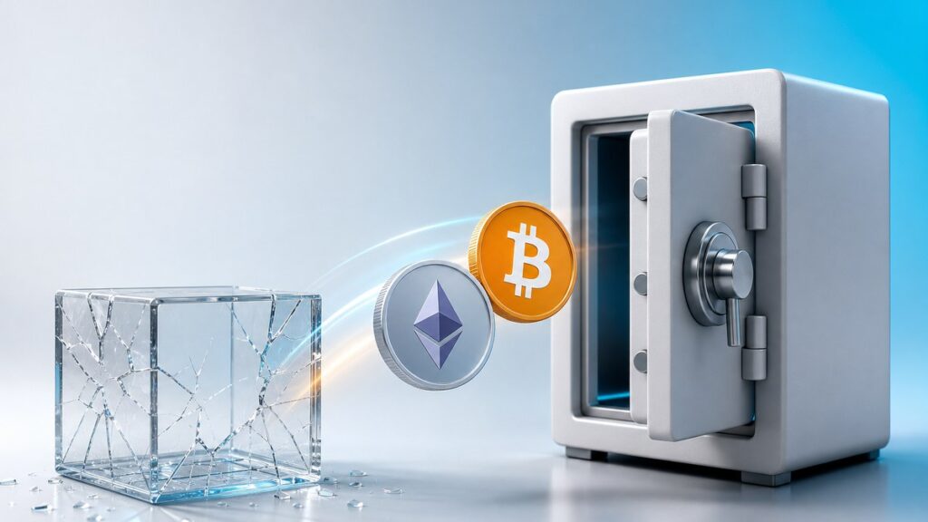 Eine Ether-Münze und eine Bitcoin-Münze gleiten aus einem gesprungenen Glaswürfel in einen offenen weißen Stahltresor.
