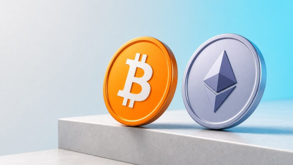 Eine orangefarbene Bitcoin-Münze und eine silberblaue Ether-Münze stehen nebeneinander an der Kante einer weißen Steinstufe und neigen sich nach vorn.