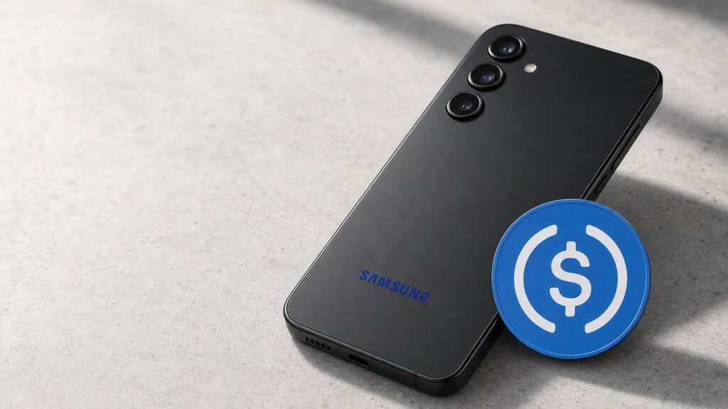 Ein schwarzes Samsung-Smartphone liegt mit der Rückseite nach oben auf hellem Stein, daran lehnt eine große blaue USDC-Münze.