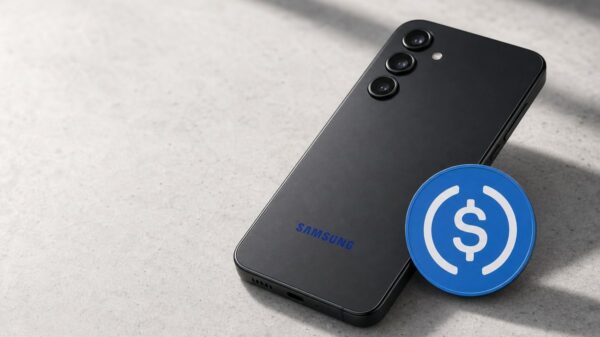 Ein schwarzes Samsung-Smartphone liegt mit der Rückseite nach oben auf hellem Stein, daran lehnt eine große blaue USDC-Münze.