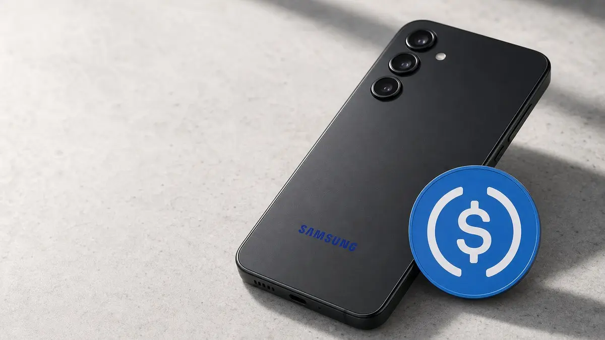 Ein schwarzes Samsung-Smartphone liegt mit der Rückseite nach oben auf hellem Stein, daran lehnt eine große blaue USDC-Münze.