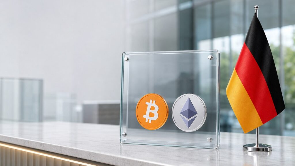 Eine Bitcoin- und eine Ether-Münze stehen in einem durchsichtigen Glasrahmen auf einem hellen Steintresen, rechts daneben eine kleine Deutschlandfahne an einem Chromständer.