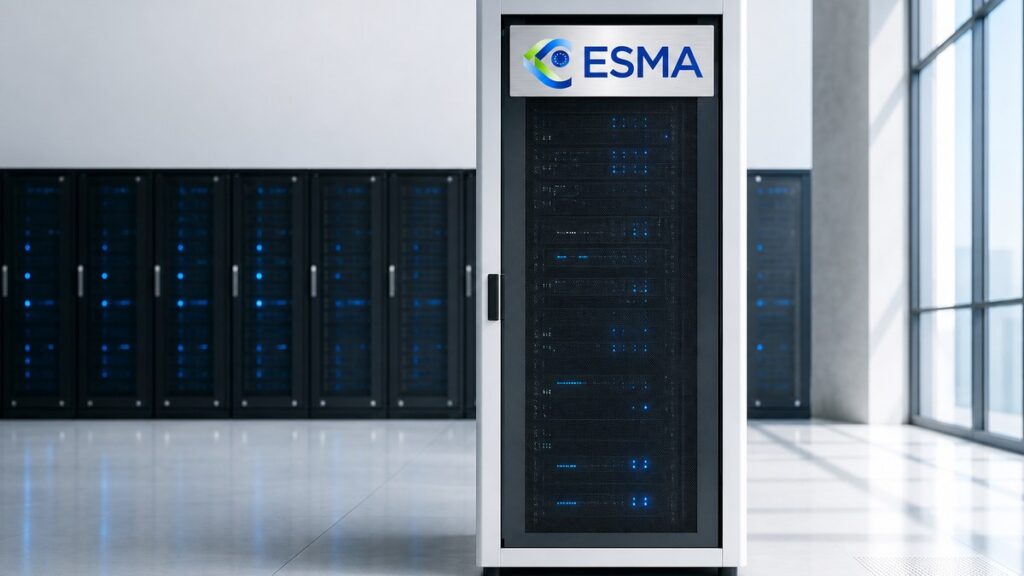 Ein weißer Serverschrank mit dunkler Glastür und einem Aluminiumschild mit ESMA-Logo steht in einem hellen Rechenzentrum vor einer Reihe dunkler Schränke mit blauen Statuslichtern.