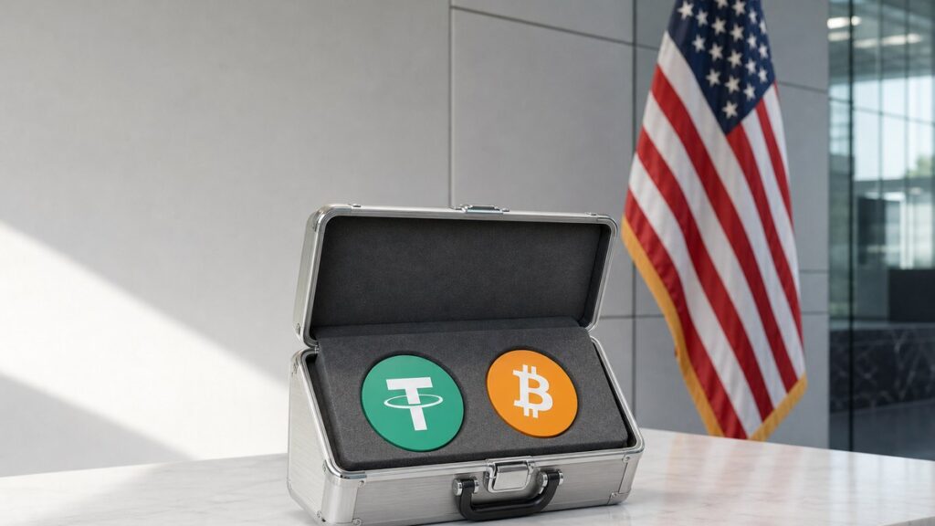 Offener Koffer aus gebürstetem Stahl mit einer grünen Tether- und einer orangefarbenen Bitcoin-Münze in grauen Schaumstoffaussparungen auf einem weißen Marmortisch, dahinter eine US-Flagge in einem hellen Behördenraum.