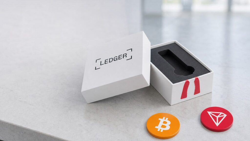 Geöffnete weiße Ledger-Verpackung mit leerer Geräte-Mulde und aufgerissenem roten Siegelstreifen auf einem hellen Steintresen, davor rollen eine Bitcoin- und eine TRON-Münze weg.