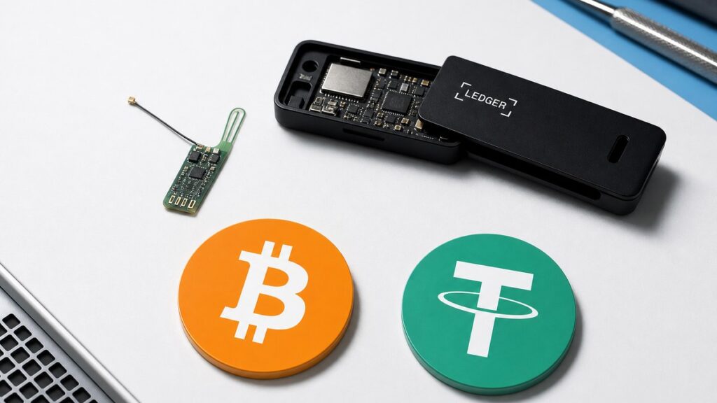 Geöffnete schwarze Ledger-Hardware-Wallet und daneben eine kleine ausgebaute grüne Platine mit Antennendraht auf einer weißen Werkbank, im Vordergrund eine orangefarbene Bitcoin- und eine grüne Tether-Münze.