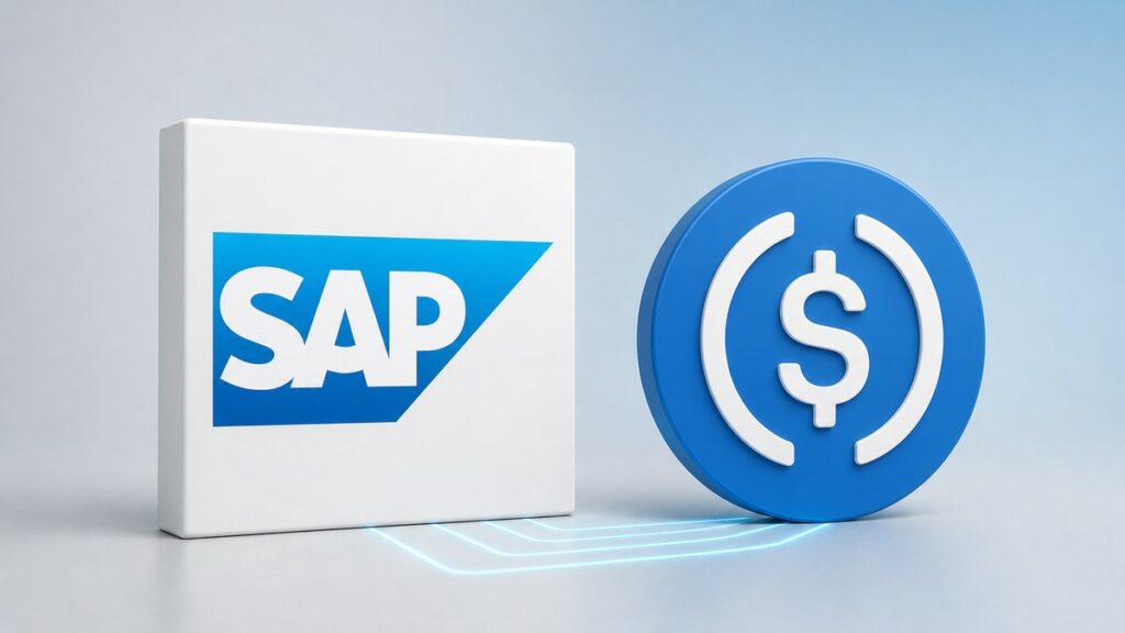 Ein weißer Block mit dem blauen SAP-Logo und eine blaue USDC-Münze stehen gleich hoch nebeneinander, dünne hellblaue Linien führen vom Block zur Münze.