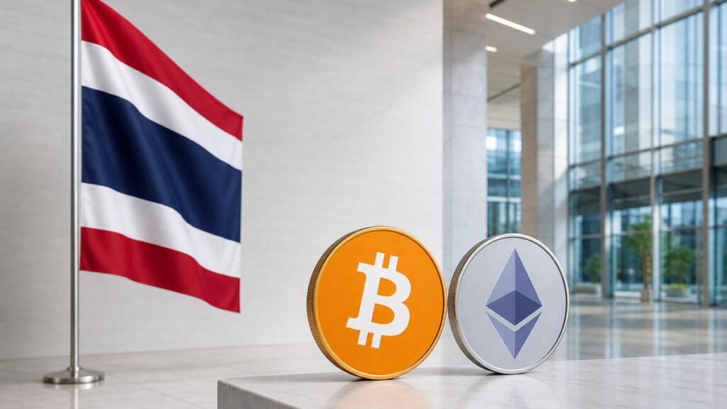 In einer hellen Halle mit Glasfassade hängt links eine thailändische Flagge an einer Stange, vorn stehen eine Bitcoin- und eine Ether-Münze nebeneinander auf einem weißen Tresen.