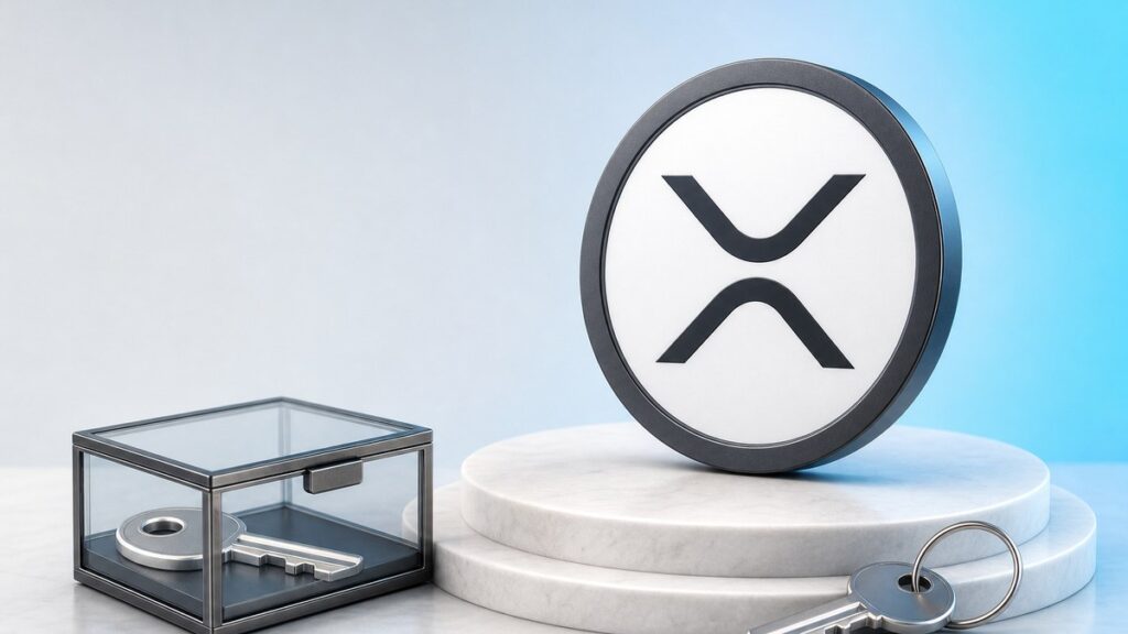 Eine große XRP-Münze steht auf einem weißen Steinsockel, links liegt ein großer Schlüssel in einer geschlossenen Glasbox, rechts ein kleinerer Schlüssel an einem Ring.