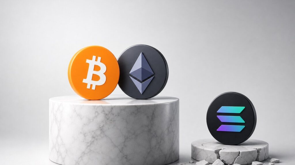 Bitcoin- und Ethereum-Münze stehen auf einer hohen weißen Marmorsäule, daneben eine Solana-Münze auf einer niedrigen, gesprungenen Säule mit Bruchstücken am Fuß.