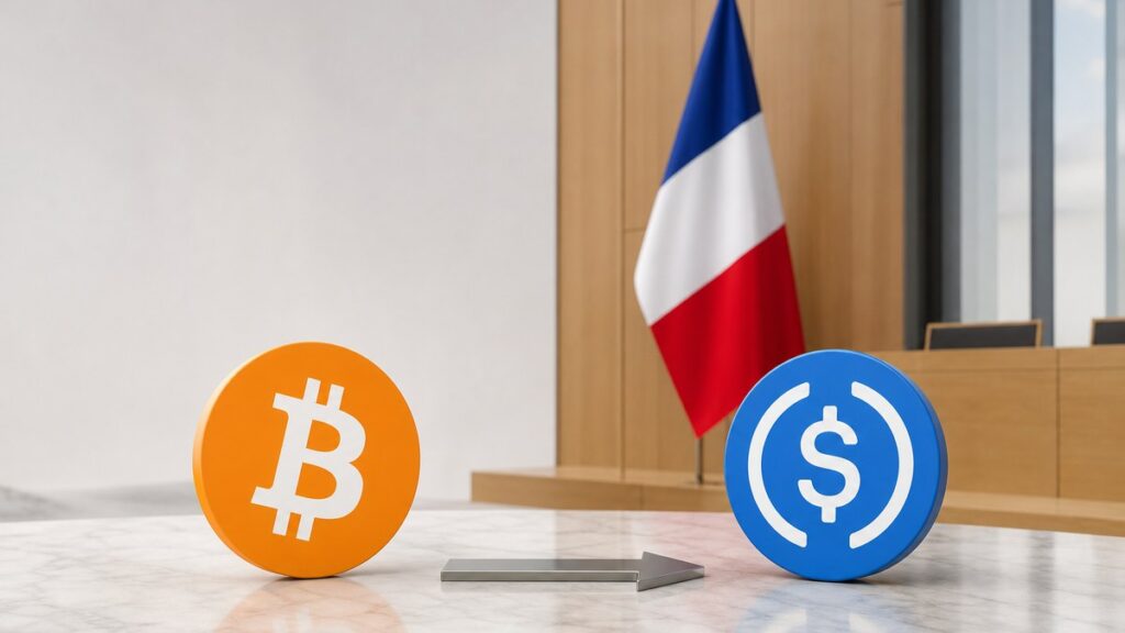 Orangefarbene Bitcoin-Münze und blaue USDC-Münze gleich groß auf einem Marmortisch, dazwischen ein Stahlpfeil, im Hintergrund eine französische Flagge in einem hellen Sitzungsraum.