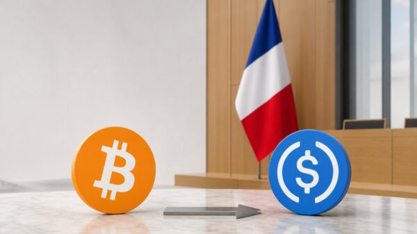 Orangefarbene Bitcoin-Münze und blaue USDC-Münze gleich groß auf einem Marmortisch, dazwischen ein Stahlpfeil, im Hintergrund eine französische Flagge in einem hellen Sitzungsraum.