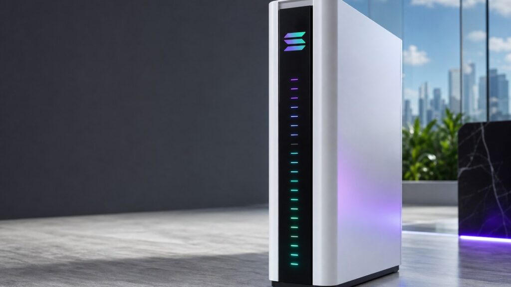 Weißes Validator-Servermodul mit dem Solana-Zeichen auf der schwarzen Front und einer senkrechten Reihe lila und türkis leuchtender Statuslichter in einem hellen Raum.