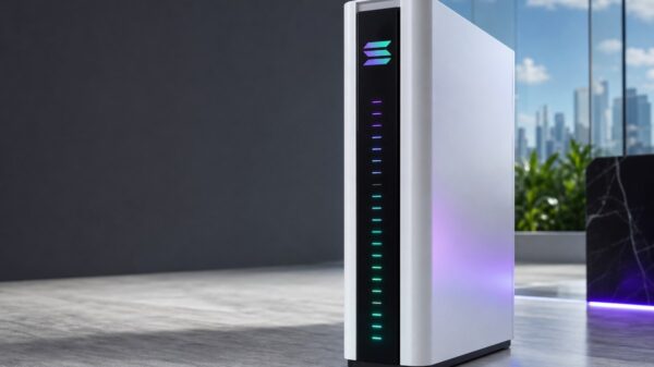 Weißes Validator-Servermodul mit dem Solana-Zeichen auf der schwarzen Front und einer senkrechten Reihe lila und türkis leuchtender Statuslichter in einem hellen Raum.