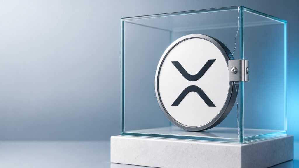 Große XRP-Münze mit silbernem Rand in einem Glaswürfel auf einem weißen Steinsockel, eine gerissene Kante des Glases ist mit einer verschraubten Stahlklammer geschlossen.