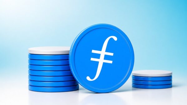 Große blaue Filecoin-Münze steht aufrecht zwischen einem hohen, mit einer weißen Scheibe gedeckelten Stapel blauer Münzen und einem niedrigen Stapel vor hellblauem Hintergrund.