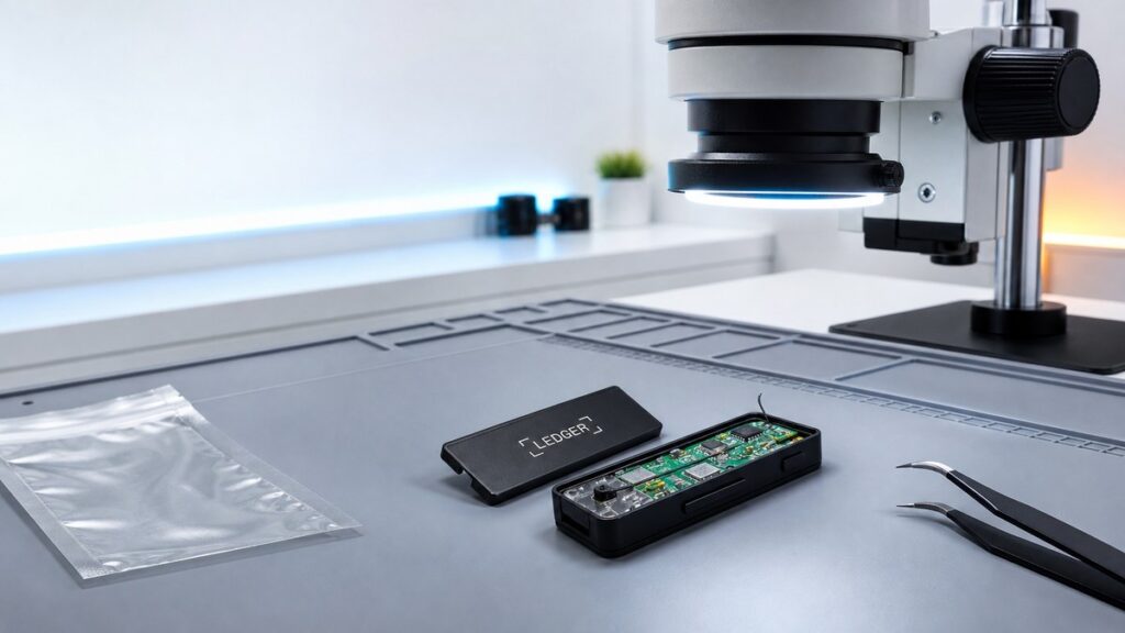 Geöffnete schwarze Ledger-Hardware-Wallet mit einer fremden grünen Platine und Antennendraht unter einem Stereomikroskop in einem hellen Prüflabor, daneben der Gehäusedeckel mit der Ledger-Wortmarke und eine Pinzette.