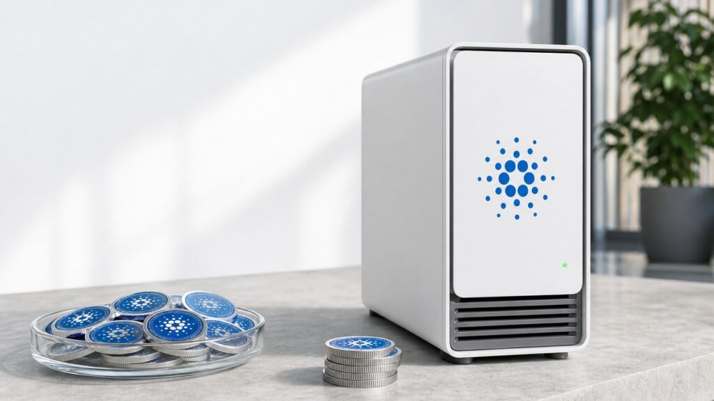 Kleiner weißer Server mit dem blauen Cardano-Zeichen auf der Front, davor ein niedriger Stapel Cardano-Münzen und daneben ein größerer Haufen Cardano-Münzen in einer Glasschale.