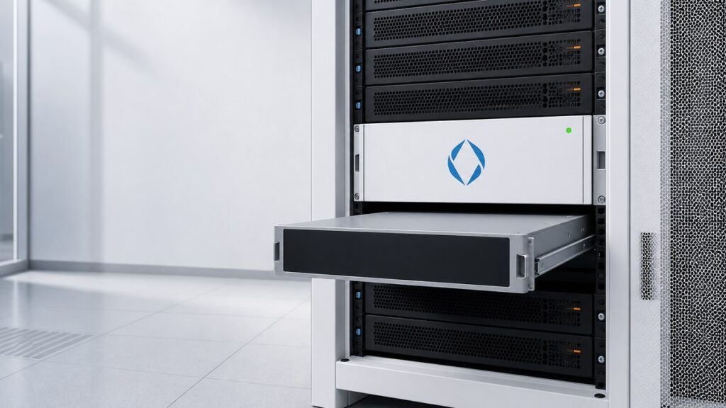 Offenes weißes Serverrack, in dem ein neues weißes Modul mit dem blauen ENS-Zeichen und grüner Leuchte steckt, während darunter ein altes graues Modul halb herausgezogen ist.