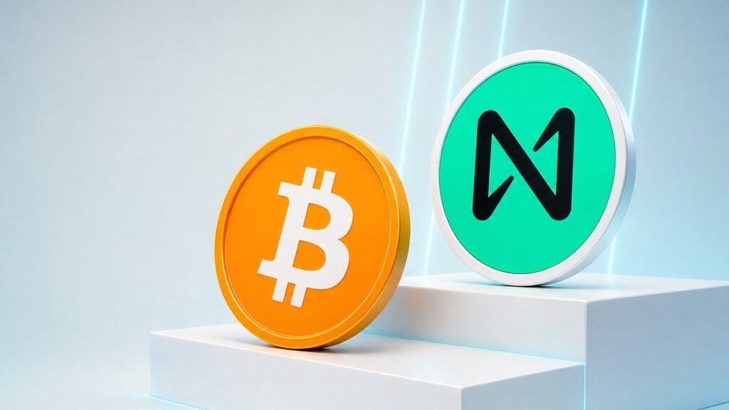 Eine orangefarbene Bitcoin-Münze und eine grüne NEAR-Münze stehen gleich groß auf weißen Stufen, die NEAR-Münze eine Stufe höher.