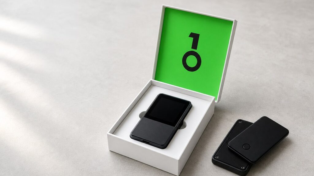 Neue schwarze OneKey-Hardware-Wallet in einer geöffneten weißen Verpackung mit grünem OneKey-Zeichen im Deckel, daneben ein älteres Gerät mit abgenommener Rückseite.