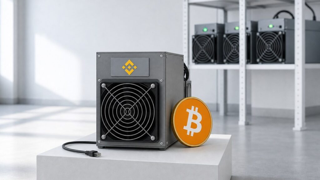 Ein grauer Bitcoin-Miner mit Binance-Zeichen steht mit abgezogenem Netzwerkkabel und dunklen Lämpchen auf einem weißen Sockel, daneben lehnt eine Bitcoin-Münze, im Hintergrund laufen drei Geräte im Regal weiter.