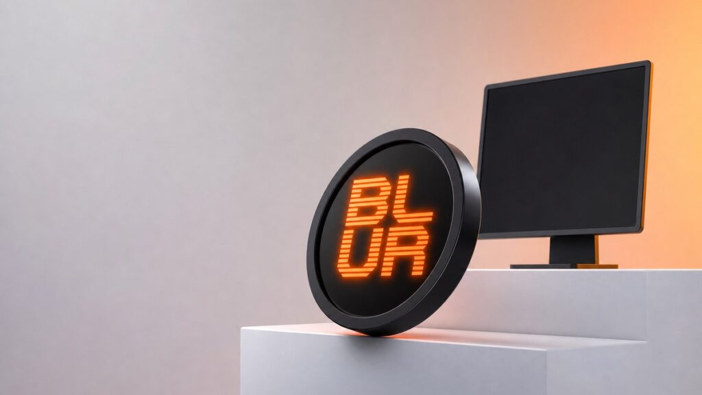 Eine schwarze Münze mit dem orange leuchtenden Blur-Zeichen kippt über die Kante eines weißen Sockels, dahinter steht ein ausgeschalteter Bildschirm.