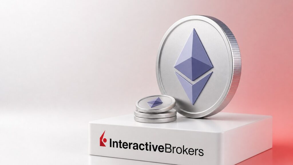 Eine große silberne Ethereum-Münze steht auf einem weißen Sockel mit dem Logo von Interactive Brokers, daneben liegt ein kleiner Stapel Ether-Münzen.