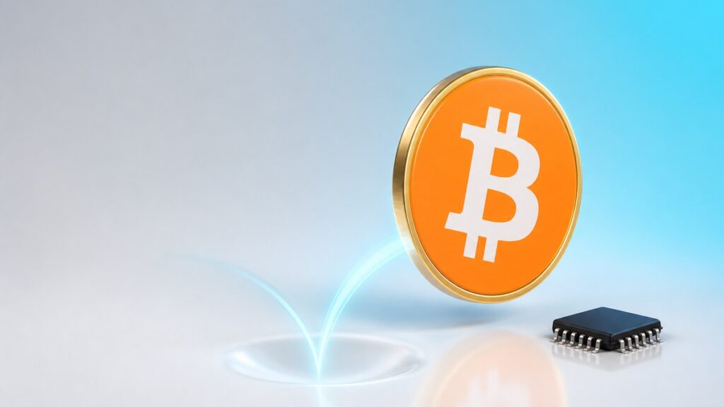 Eine orangefarbene Bitcoin-Münze springt aus einer flachen Mulde in einem weißen Boden wieder nach oben, daneben liegt ein kleiner schwarzer Speicherchip.