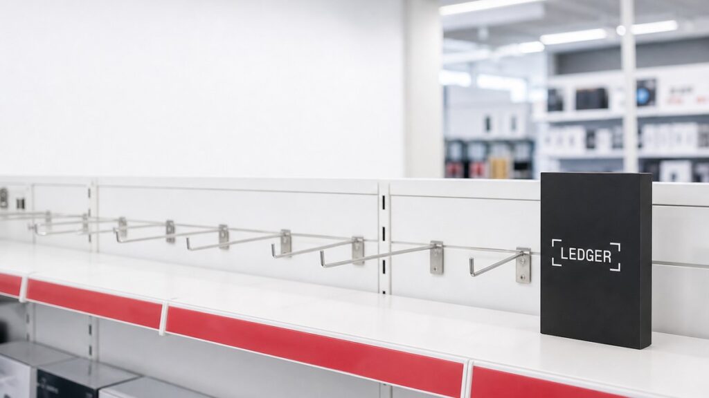 Ein fast leeres weißes Regal in einem Elektronikmarkt mit leeren Metallhaken und roten Preisleisten, am rechten Ende steht nur noch eine schwarze Schachtel mit dem Ledger-Schriftzug.