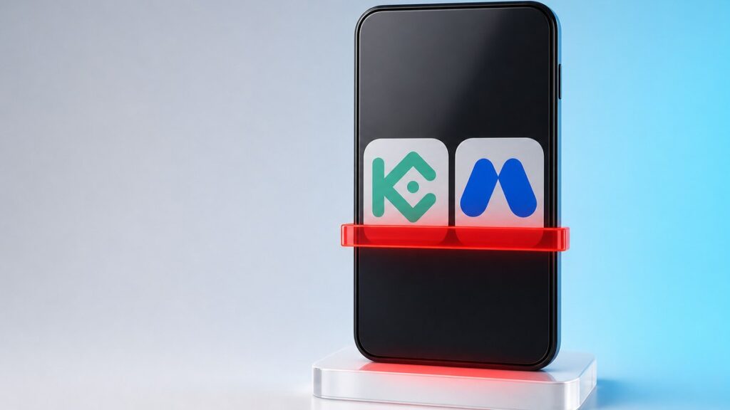 Ein schwarzes Smartphone auf einem Acrylständer zeigt die App-Symbole von KuCoin und MEXC, quer davor liegt ein leuchtend roter Sperrbalken.