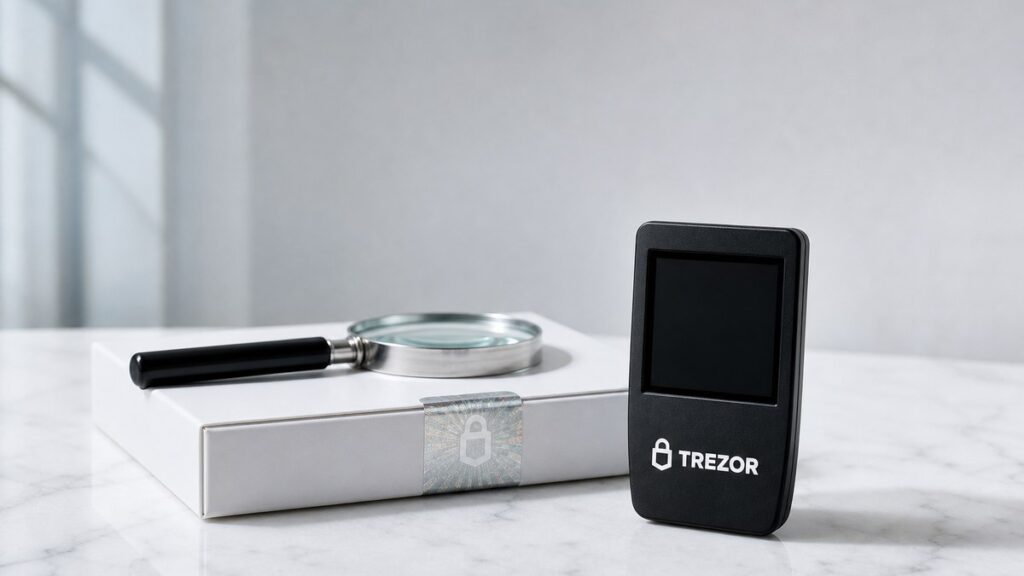 Eine schwarze Trezor-Hardware-Wallet steht auf einer weißen Steinplatte neben ihrer versiegelten Verkaufsschachtel, auf der eine Lupe liegt.