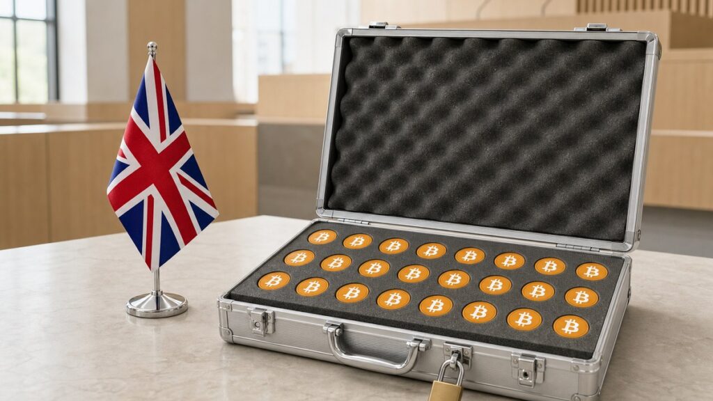Ein geöffneter silberner Koffer mit Schaumstoffeinlage voller Bitcoin-Münzen und einem Vorhängeschloss am Verschluss steht auf einem hellen Steintisch, daneben eine kleine britische Tischflagge.