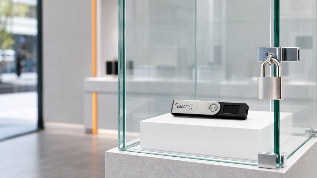 Eine schwarze Ledger-Hardware-Wallet liegt allein auf einem weißen Sockel in einer abgeschlossenen Glasvitrine, an deren Tür ein silbernes Vorhängeschloss hängt.