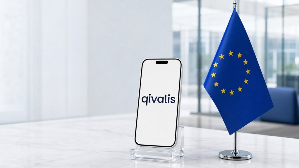Auf einem weißen Steintisch in einem hellen Büro steht ein weißes Smartphone in einem Acrylhalter mit der Qivalis-Wortmarke auf dem Display, daneben eine kleine Tischflagge der Europäischen Union.