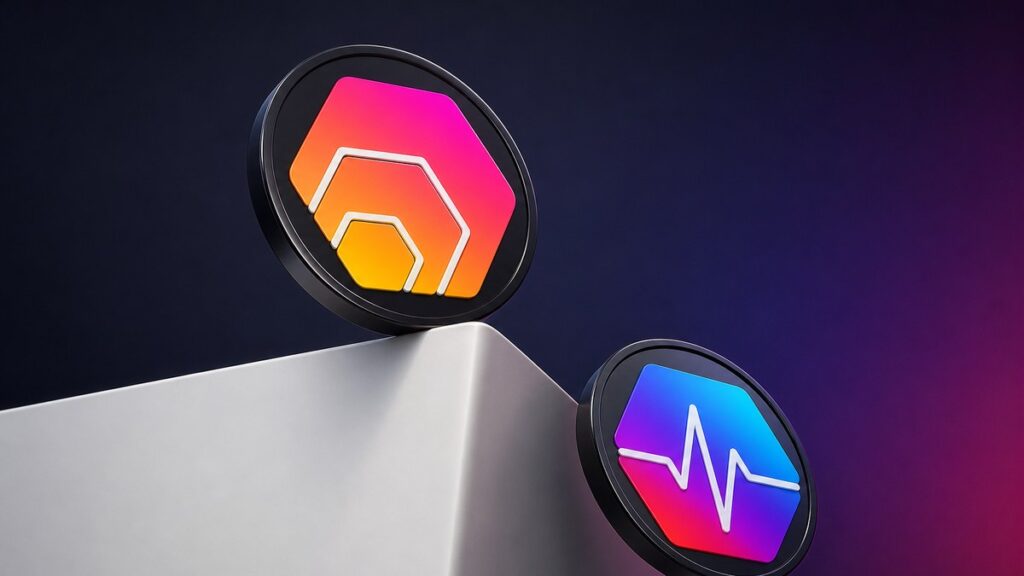 Eine glänzende Münze mit dem HEX-Zeichen kippt über die Kante eines weißen Sockels, darunter fällt eine gleich große Münze mit dem PulseChain-Zeichen vor dunklem Hintergrund.