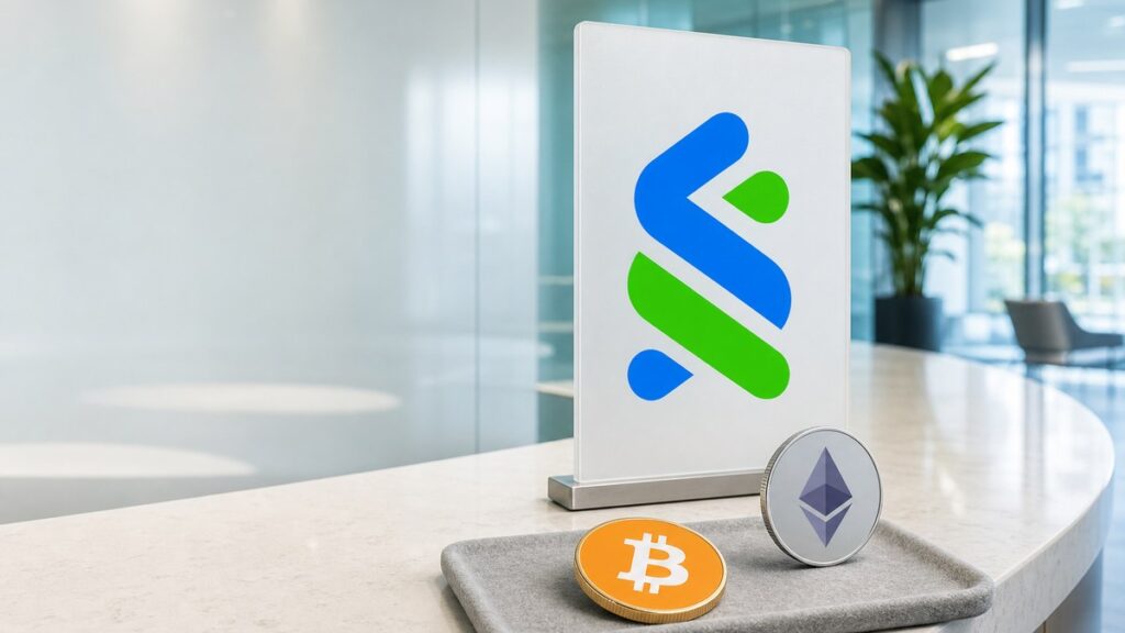 Auf dem weißen Steintresen einer hellen Bank-Lounge liegen eine goldene Bitcoin-Münze und eine silberne Ether-Münze auf einem grauen Filztablett, dahinter steht ein Glasaufsteller mit dem blau-grünen Standard-Chartered-Zeichen.
