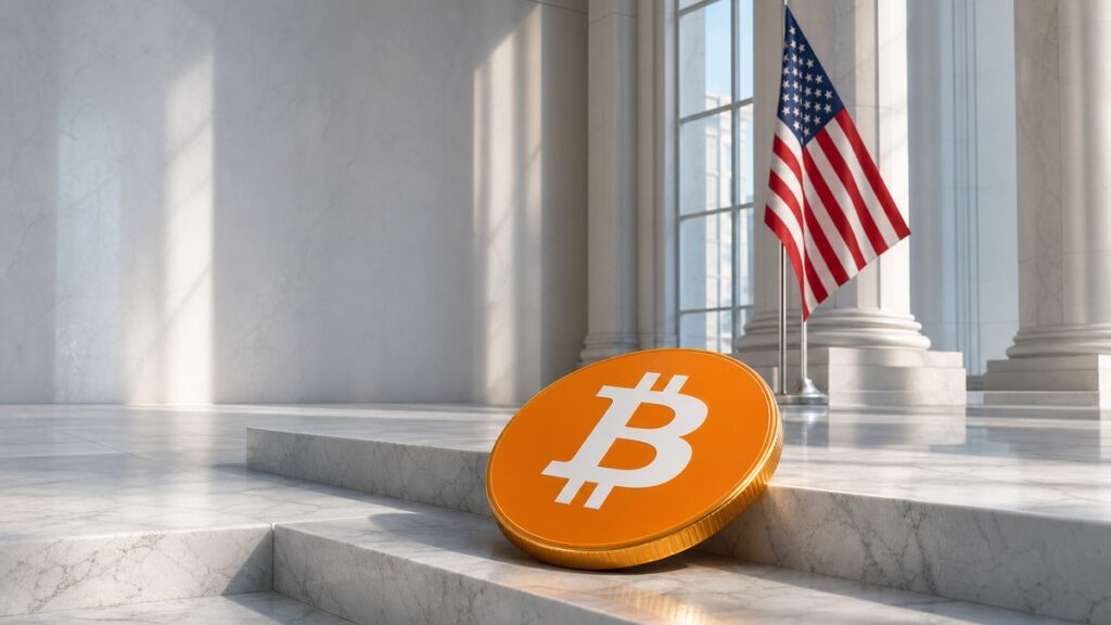 Eine große goldene Bitcoin-Münze ist umgekippt und lehnt an einer weißen Marmorstufe in einem hellen Atrium mit Säulen, im Hintergrund hängt eine US-Flagge an einer Stange.