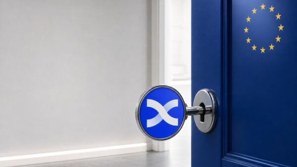 Ein Stahlschlüssel mit dem blauen BingX-Zeichen steckt im Schloss einer halb geöffneten dunkelblauen Tür, auf der die zwölf goldenen Sterne der EU-Flagge stehen.