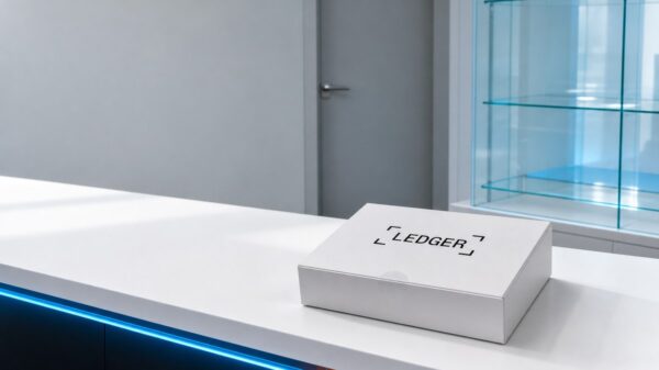 Eine geschlossene weiße Ledger-Schachtel mit Siegel liegt auf einer hellen Verkaufstheke vor einer geschlossenen grauen Lagertür, daneben eine leere Glasvitrine.