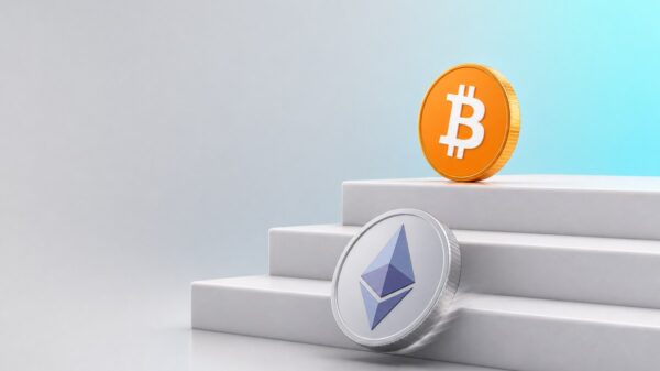 Eine große silberne Ethereum-Münze rollt über die unterste Stufe einer weißen Treppe, oben steht eine orangefarbene Bitcoin-Münze.
