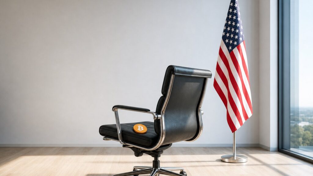 Ein leerer schwarzer Ledersessel steht in einem hellen Büro, auf seinem Sitz liegt eine orangefarbene Bitcoin-Münze, daneben hängt eine US-Flagge an einer Stange.
