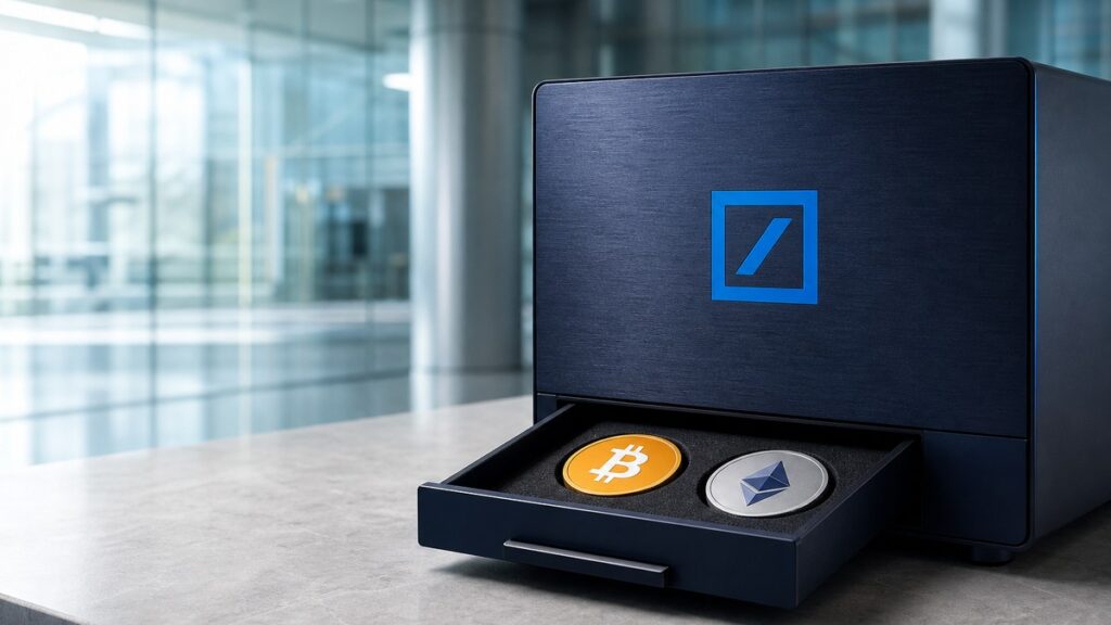 Dunkelblaues Verwahrmodul aus gebürstetem Metall mit dem blauen Deutsche-Bank-Zeichen auf der Front; in der geöffneten Schublade liegen eine goldene Bitcoin-Münze und eine silberne Ether-Münze nebeneinander.
