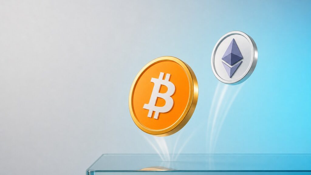 Eine große orangefarbene Bitcoin-Münze federt von einer gläsernen Kante nach oben, daneben steigt eine silberne Ethereum-Münze vor hellblauem Hintergrund.