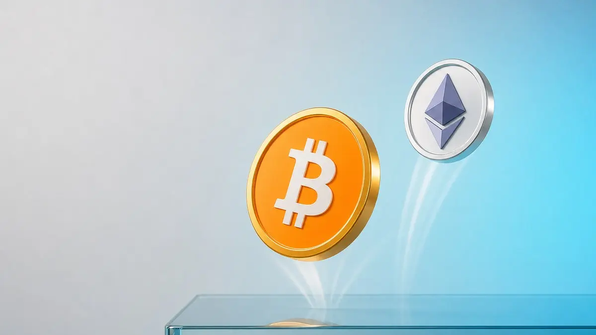 Eine große orangefarbene Bitcoin-Münze federt von einer gläsernen Kante nach oben, daneben steigt eine silberne Ethereum-Münze vor hellblauem Hintergrund.