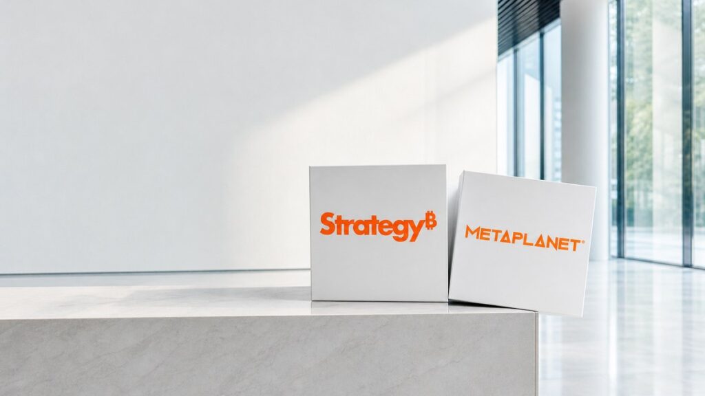 Zwei gleich große weiße Würfel mit den Logos von Strategy und Metaplanet stehen am Ende einer hellen Steinkante, der rechte Würfel ragt schon über den Rand.